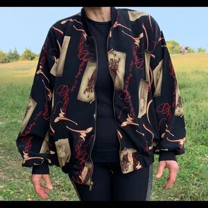 Cascais of California black patterned, bat sleeved jacket, front zipper, Large